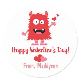 Cute Valentine's Day Monster and Hearts Classic Round Sticker