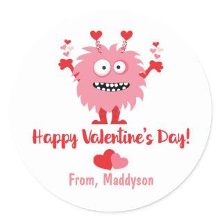 Cute Valentine's Day Pink Monster and Hearts Classic Round Sticker