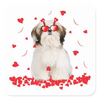 Cute Valentines Day Shih Tzu | Dog Hearts Square Sticker