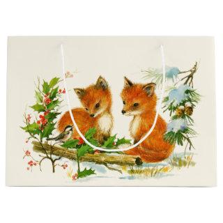 Cute Vintage Foxes Retro Winter Scene Large Gift Bag