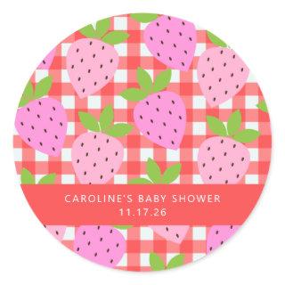 Cute Vintage Strawberry Plaid Custom Baby Shower Classic Round Sticker