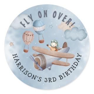 Cute Watercolor Airplane Boy Birthday Party Classic Round Sticker