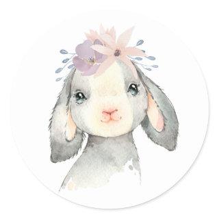 Cute Watercolor Baby Lamb with Flowers Classic Round Sticker