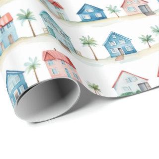 Cute Watercolor Beach Houses Tropical Pattern