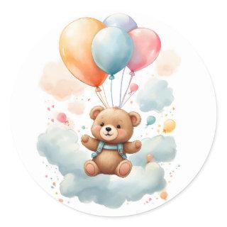 Cute Watercolor Bear Cub Floating in Air Classic Round Sticker