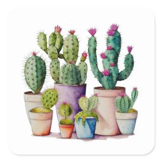 Cute watercolor cacti cactus succulents in pots square sticker