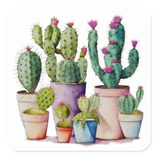 Cute watercolor cacti cactus succulents in pots square sticker