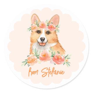 Cute Watercolor Corgi and Peach Flowers Birthday Classic Round Sticker