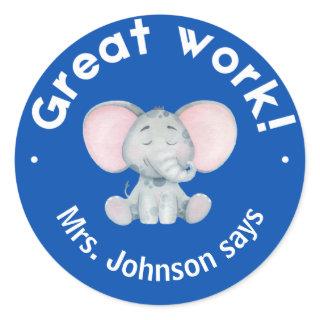 Cute Watercolor Elephant Great Work Student Award Classic Round Sticker