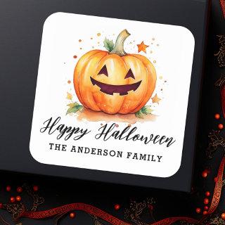 Cute watercolor Jack-o-lantern Happy Halloween Square Sticker
