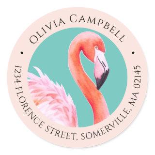 Cute Watercolor Pink Flamingo Teal Address Classic Round Sticker