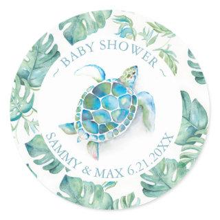 Cute Watercolor Sea Turtle & Greenery Favor Classic Round Sticker