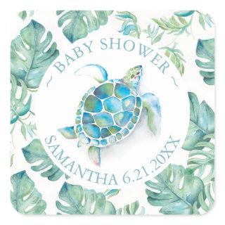 Cute Watercolor Sea Turtle & Greenery Favor Square Sticker