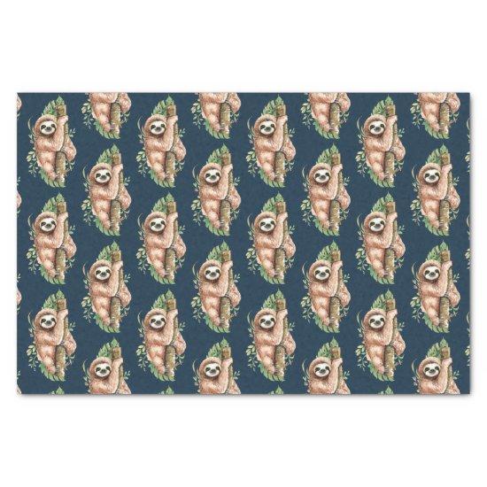 Cute Watercolor Sloth & Tropical Leaves Tissue Paper