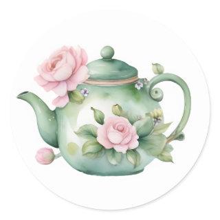 Cute Watercolor Teapot with Pink Peonies Classic Classic Round Sticker