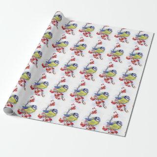 Cute Watercolor Tit Bird Christmas Red Berry
