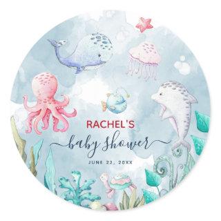 Cute Watercolor Under the Sea Baby Shower  Classic Round Sticker