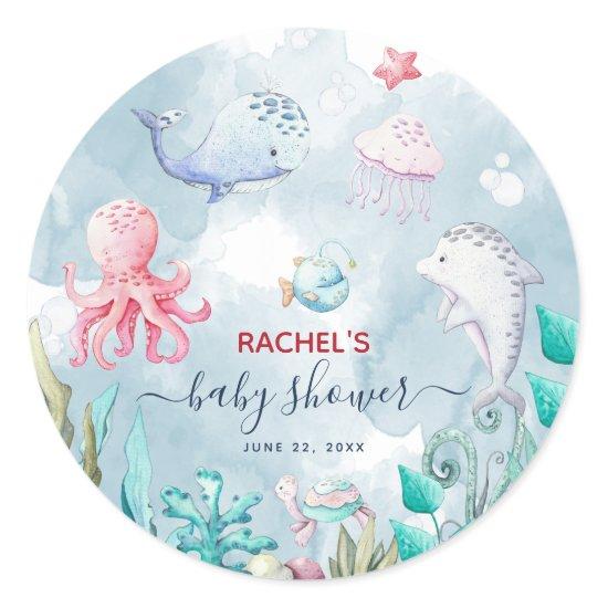Cute Watercolor Under the Sea Baby Shower  Classic Round Sticker