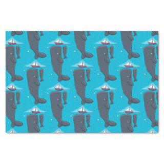 Cute whales and sailing boat cartoon illustration tissue paper