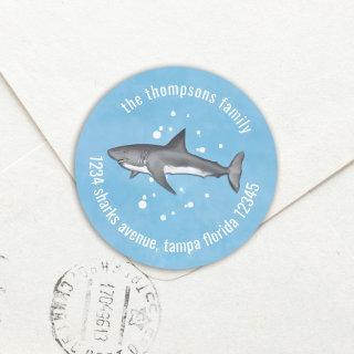 Cute Whimsical Blue Ocean Sharks Return Address Classic Round Sticker