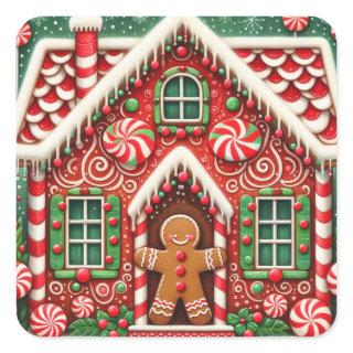 Cute, whimsical gingerbread man & house square sticker