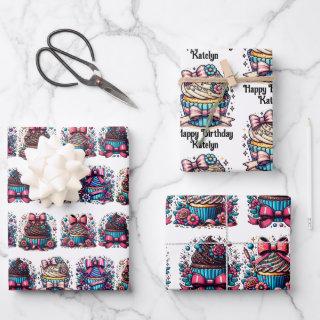 Cute Whimsical Personalized Cupcake Birthday  Sheets