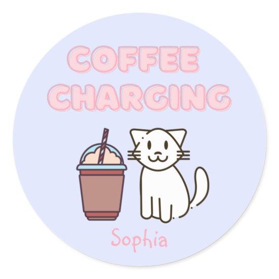 Cute White Cat&Funny Coffee Caffeine Pastel Classic Round Sticker