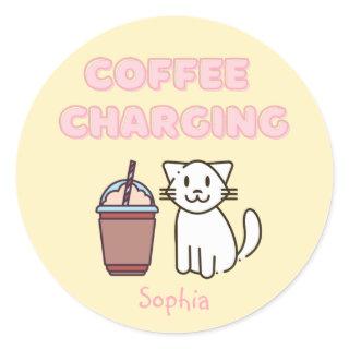 Cute White Cat&Funny Coffee Caffeine Pastel  Classic Round Sticker