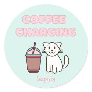 Cute White Cat&Funny Coffee Caffeine Pastel Classic Round Sticker