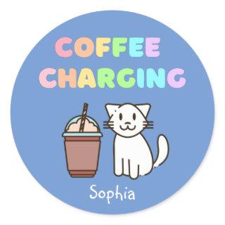 Cute White Cat&Funny Coffee Caffeine Rainbow Class Classic Round Sticker