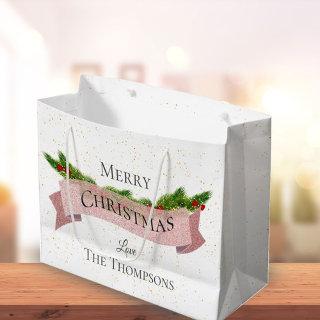 Cute | White | Faux Pink Glitter | Merry Christmas Large Gift Bag