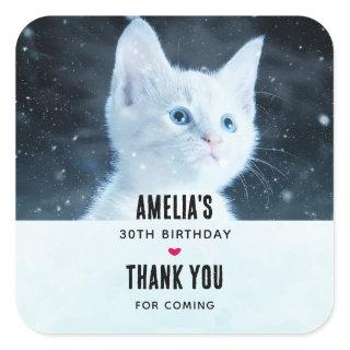 Cute White Kitten with Pretty Blue Eyes Birthday Square Sticker