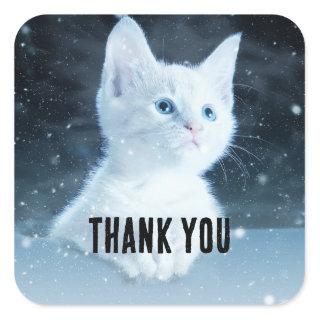 Cute White Kitten with Pretty Blue Eyes Thank You Square Sticker