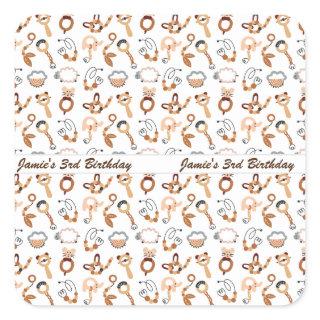 Cute White Toy Boho Pattern Illustration Birthday Square Sticker