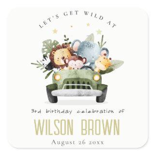 Cute Wild Tropical Jungle Animals in Car Birthday Square Sticker