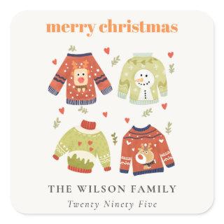 Cute Winter Christmas Hearts Leafy Ugly Sweater  Square Sticker