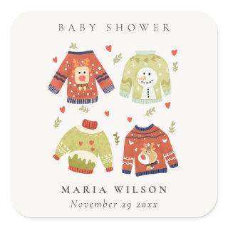 Cute Winter Hearts Leafy Ugly Sweater Baby Shower  Square Sticker
