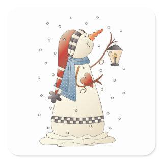 Cute Winter Snowwoman with Lantern  Square Sticker