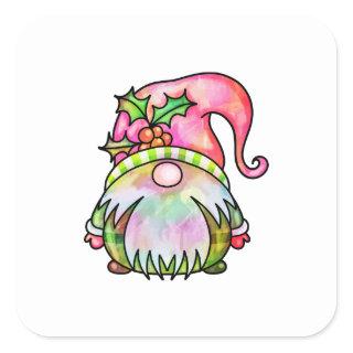 Cute Winter Watercolor Christmas Garden Gnome Square Sticker