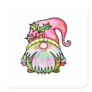 Cute Winter Watercolor Christmas Garden Gnome Square Sticker