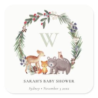 Cute Woodland Animal Leafy Wreath Baby Shower Square Sticker