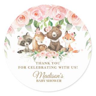 Cute Woodland Animals Pink Floral Thank You Favor  Classic Round Sticker