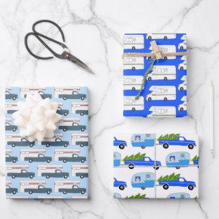 Cute Xmas Trailers RV Trucks Colorful Holiday Blue  Sheets