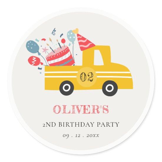 Cute Yellow Any Age Birthday Party Cake Truck Classic Round Sticker