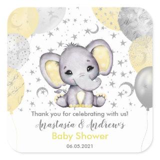 Cute Yellow Baby Shower Elephant Balloons Square S Square Sticker