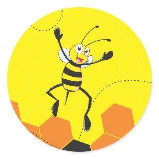 Cute Yellow Bee Jumping Hurray Hoorah Classic Round Sticker