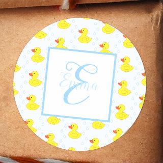 Cute Yellow Duck Pattern Monogram Baby Girl Classic Round Sticker