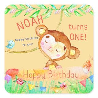 Cutest Monkey First Birthday Square Sticker