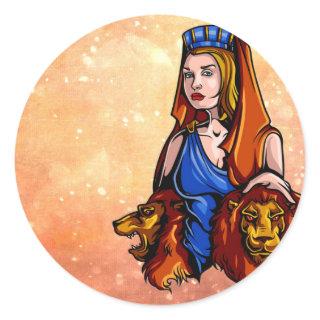Cybele the Nature Goddess with two majestic lions Classic Round Sticker