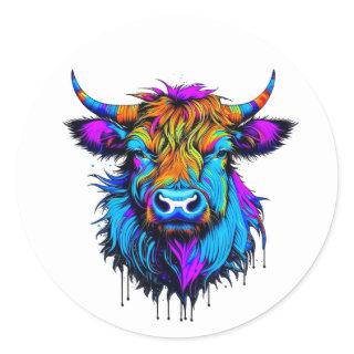 Cyberpunk Colorful Ai Highland Cow Classic Round Sticker